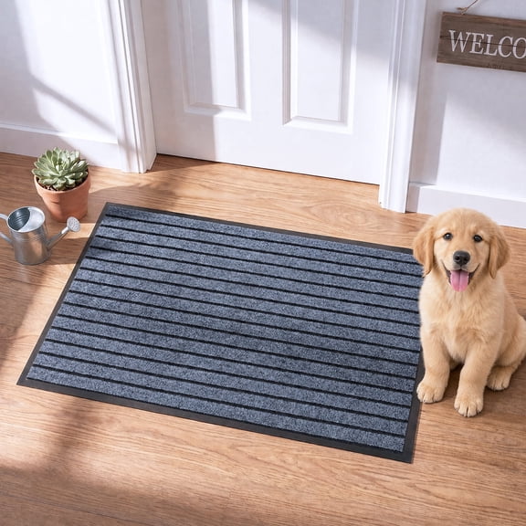 TGHEY Doormat 2 x 3 ft Entryway Doormat Heavy Duty Waterproof Indoor Outdoor Rug Non Slip PVC Backing Washable Floor Mat for Home Kitchen Laundry Room Gray & Black