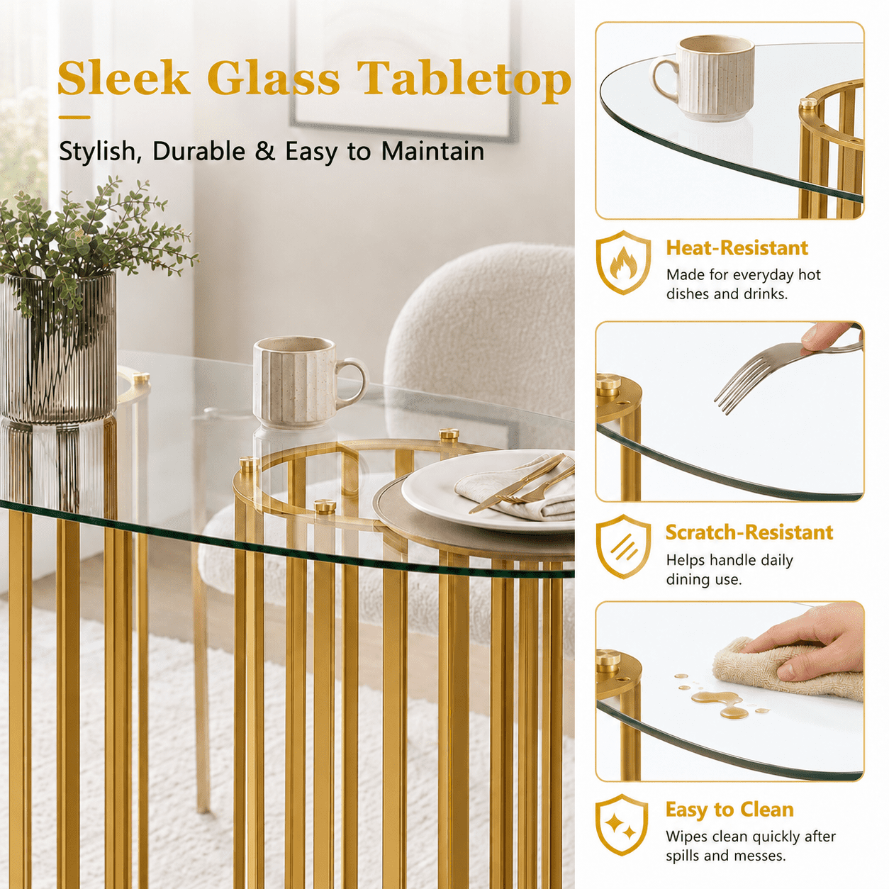 A7Store 71 in Glass Dining Table,Gold Dining Table for 6-8，Large Size Kitchen and Dining Room Table with Tempered Glass top and Gold Double Column Metal Legs, Modern Rectangular Dining Table