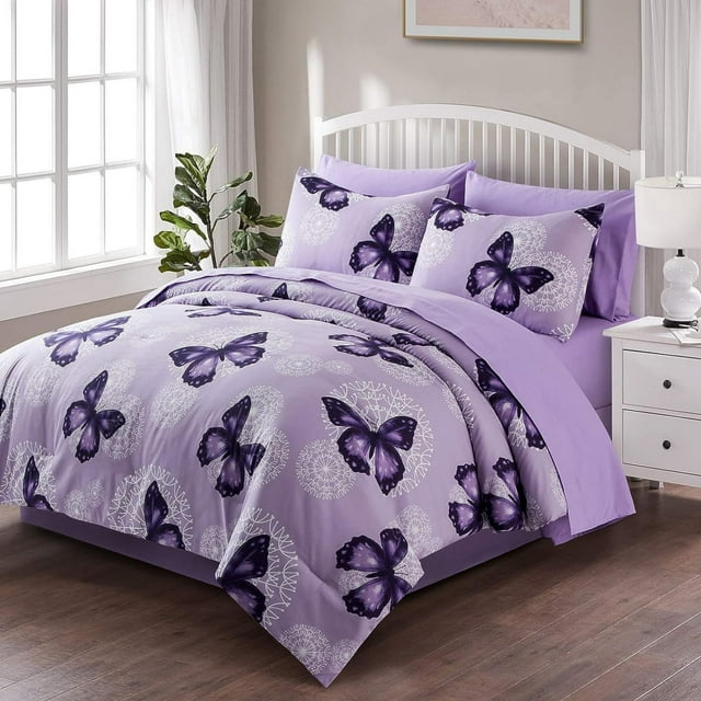 Bed in A Bag ARTALL, tamaño doble, 6 piezas, mariposa morada