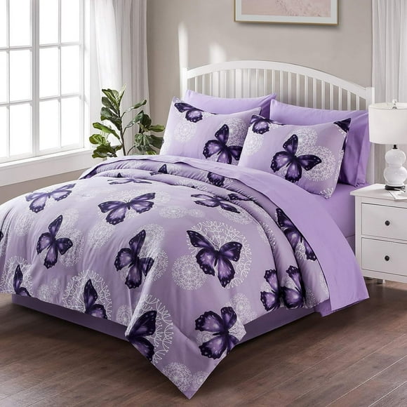 Bed in A Bag ARTALL, tamaño doble, 6 piezas, mariposa morada