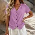 thumbnail image 5 of Ashirexll Short Sleeve Shirts for Women Spring and Summer Color and Linen V-Neck Short Sleeve Button Cardigan Top, 5 of 6