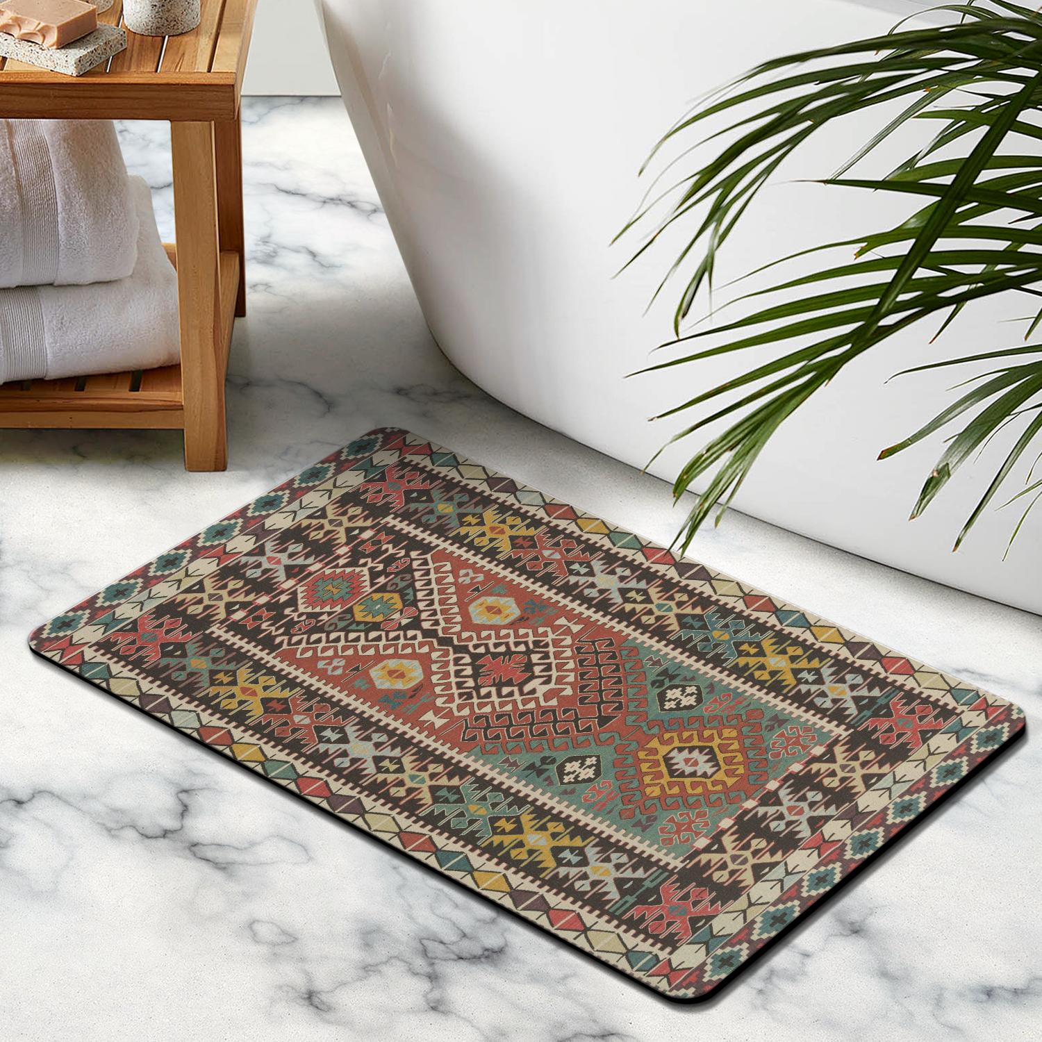 Experience Luxury with our Boho Bathroom Rugs: Non-Slip Aztec Bath Mat, Soft and Absorbent, with Western Geometric Design - Perfect for Modern Farmhouse Decor, 20x32 Inch