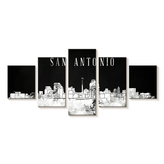 Elephant Stock San Antonio Skyline Bw Wall Art - Horizontal Multi Panel Canvas - Living Room Wall Decor - Places Multi Panel - Black And Gray Decor - 29" x 12"