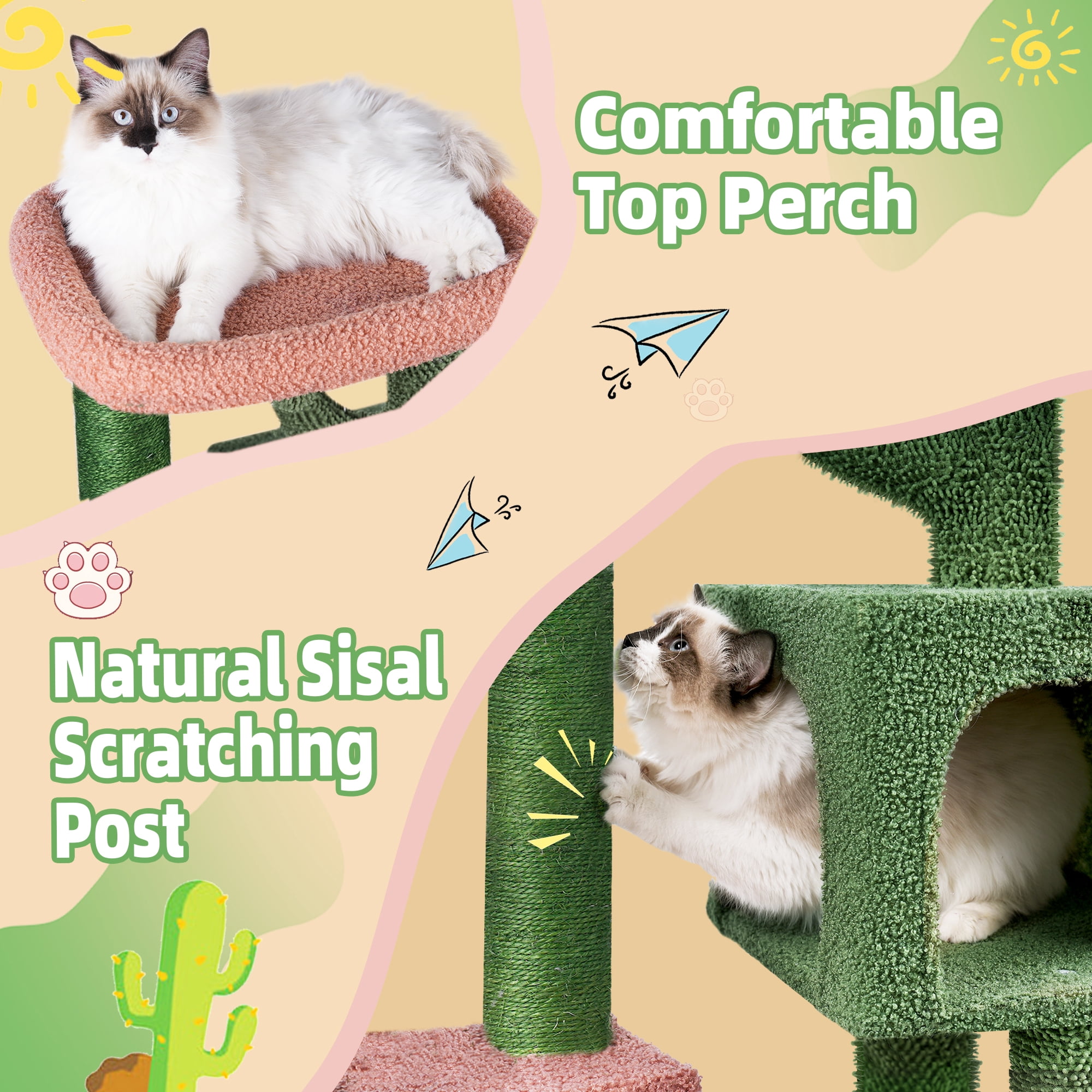 AIWIKIDE 35.4" Desert Cactus Cat Tree With Scratching Toy, Hanging Ball, Cat Tower Furniture Sisal-Covered Scratching Posts,Green