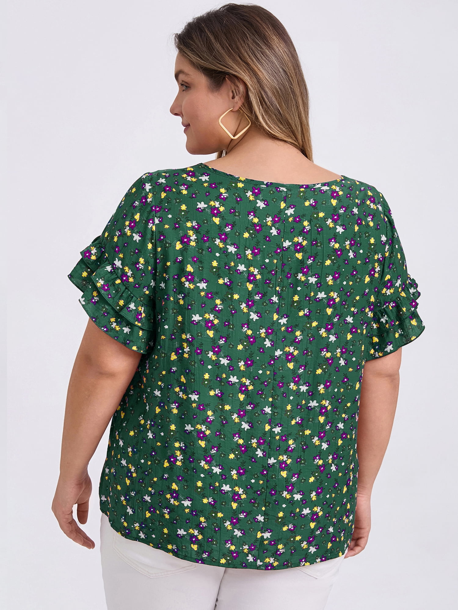 DARING DIVA Women's Plus Floral Print Ruffles Blouse 3X Dark Green