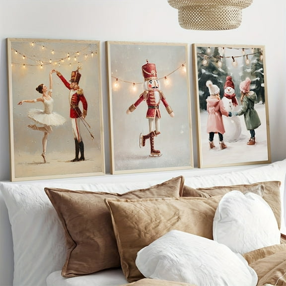 [2D Flat] 3pcs Nutcracker Soldier Ice Skating Canvas Wall Art - Unframed Classic Christmas Winter Holiday Decor, Ideal for Living Room & Bedroom, Festive Gift for Home, Office, Cafe Wall Decor, Chri