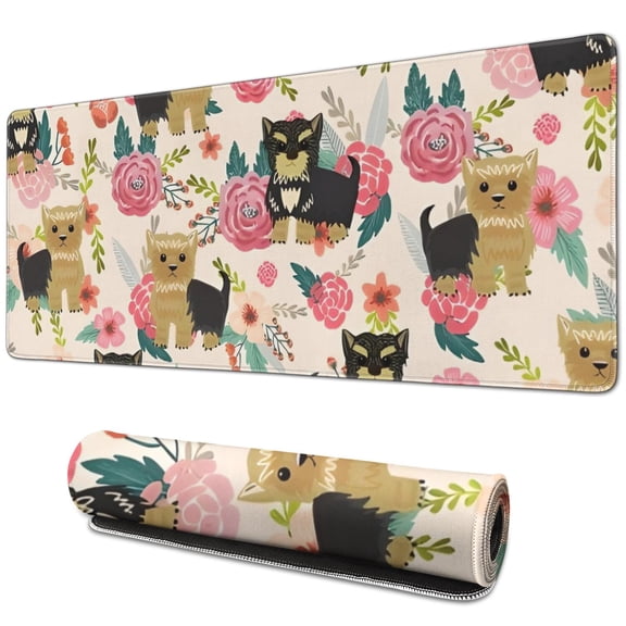 Long Mouse Pads for Desk,Yorkie Dog and Pioneer Flower Desk Mats on Top Of Desks, Desk Mouse Pad Extra Large with 3mm Non-Slip Base and Stitched Edge for Gaming,Office,Work,Home 31.5"x11.8"