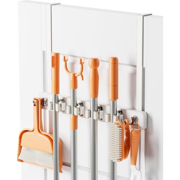 Over the Door Mop and Broom Holder Wall Mount, No Drill Setup, White