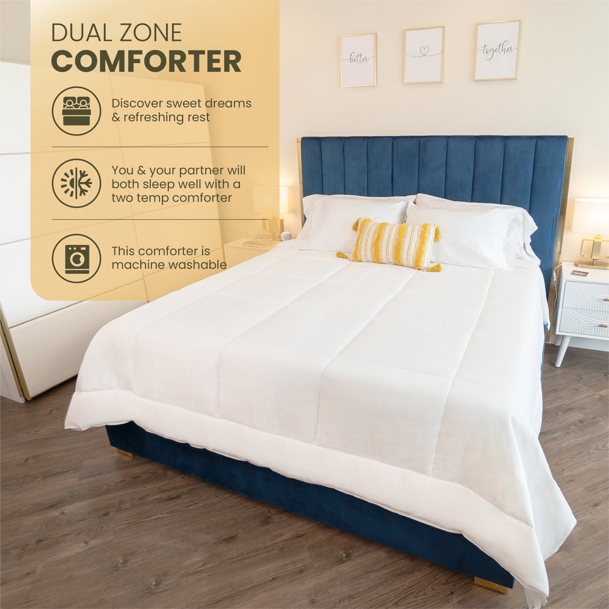 SöMN Kömforte Microfiber Dual Zone Comforter, His and Hers Blankets for Couples, Cool & Warm Two Temperature Comforter, Alternative Down Duvet Insert, Wedding Gift (White, King)