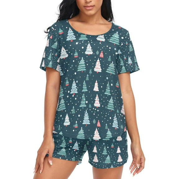 joogoo Women's Pajama Set Christmas Trees Short Sleepwear Loungewear with Pockets M