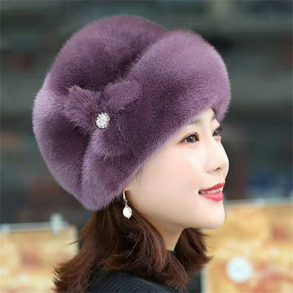 Bunenne Bucket Hats for Woman Chemo Headwear for Women Beanies for Winter Women's Hats Winter Faux Flower Decor Hats Elderly Hats Old Ladies Hats Fleece Beanie Turbans for Women Purple One Size