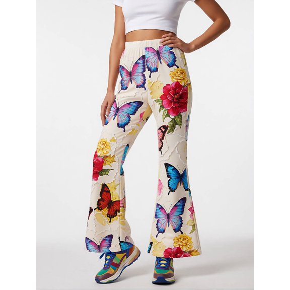 5-6Y Girls Colored Flared Pants Digital Print Trousers Slim-Fit Wide Leg Flare for Spring Summer Autumn