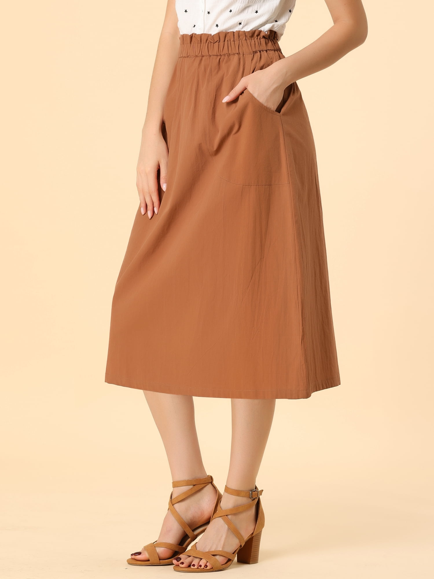 DARING DIVA Women's Cotton A-Line Midi Skirt with Pockets XS Brown