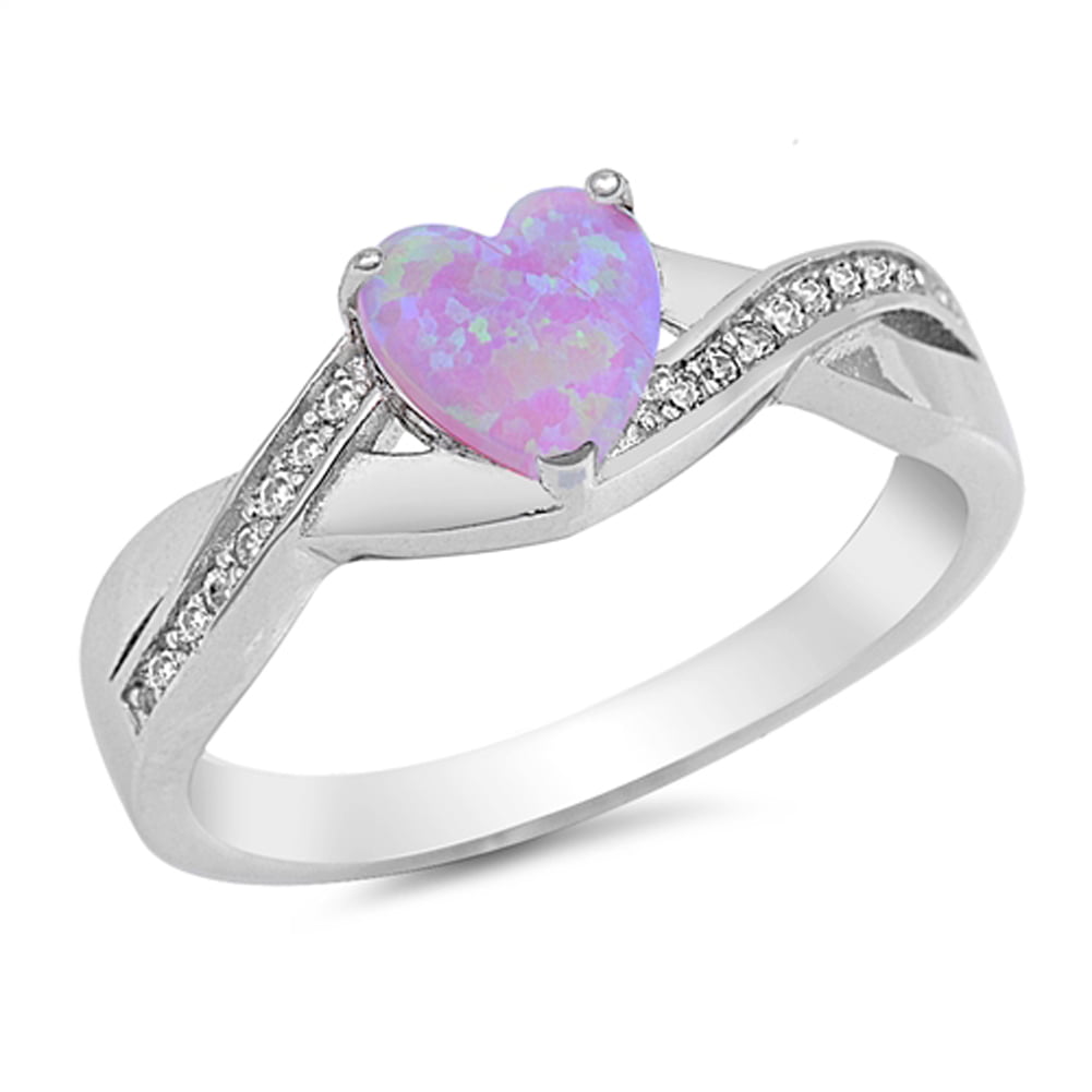 Pink Opal Heart Shaped Promise Ring 925 Sterling Silver With CZ Band Sizes 4-12 