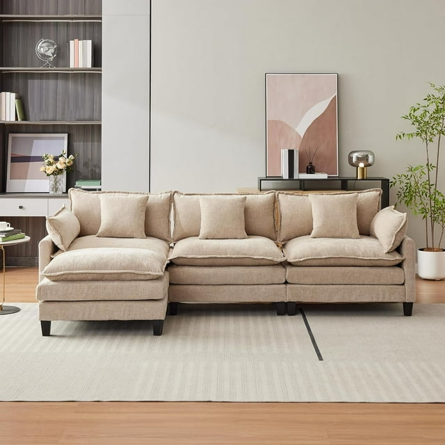 Ourlova 112" Oversized Modular L-Shaped Sectional Sofa, Deep Seat 3-Seater Couch with Ottoman, Coffee Color