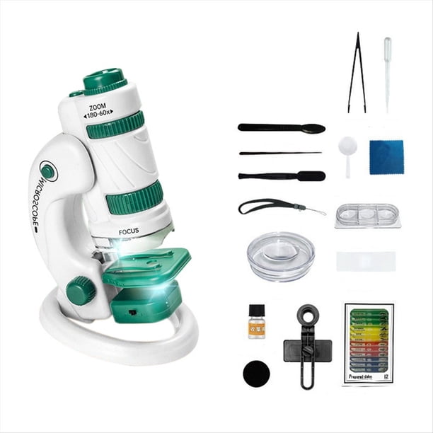 Kit de Microscopio CientíFico para NiñOs 60-180X, Mini Microscopio Educativo de Bolsillo para TeléFono Inteligente con Luz LED + Verde