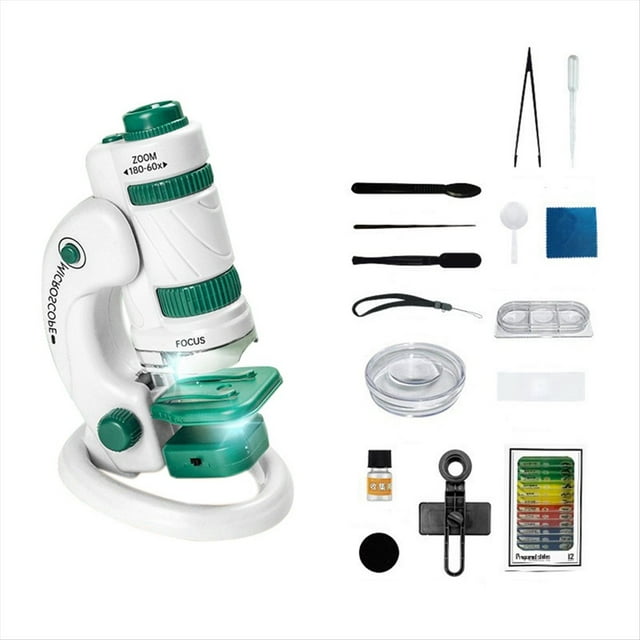Kit de Microscopio CientíFico para NiñOs 60-180X, Mini Microscopio Educativo de Bolsillo para TeléFono Inteligente con Luz LED + Verde