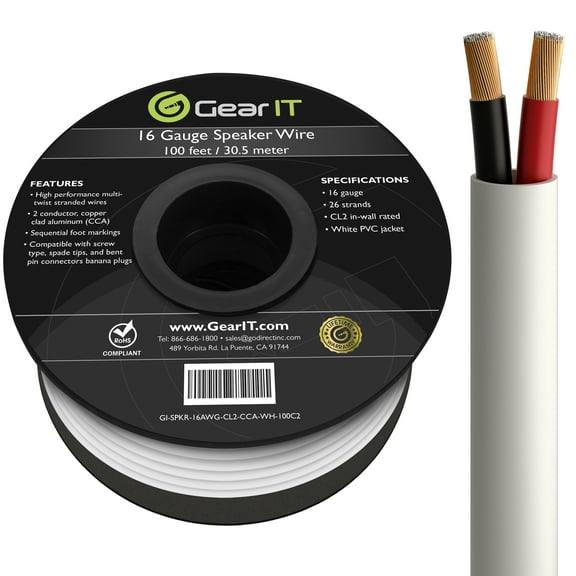 GearIT 16/2 Speaker Wire (100 Feet) 16 Gauge (Copper Clad Aluminum) - Fire Safety In Wall Rated Audio Speaker Wire Cable / CL2 Rated / 2 Conductors - CCA, 100ft