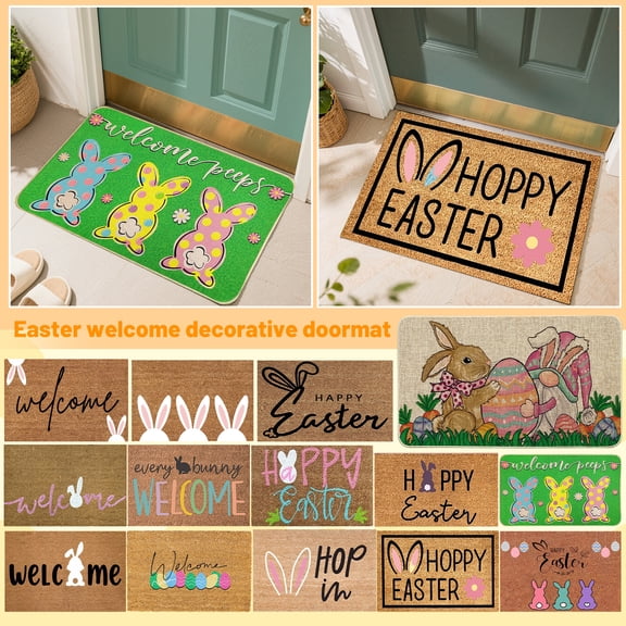 Easter Welcome Doormat, Bunny & Egg Themed Non-Fiber Entry Mat, Festive Front Door decor for Easter Gatherings, Seasonal Outdoor indoor Welcome Mat with Cute Rabbit Graphics,