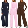 thumbnail image 5 of Women's 2 Piece Lounge Set - Long Sleeve Crewneck Top & Wide Leg Pants, Rayon Blend Loungewear, 5 of 7