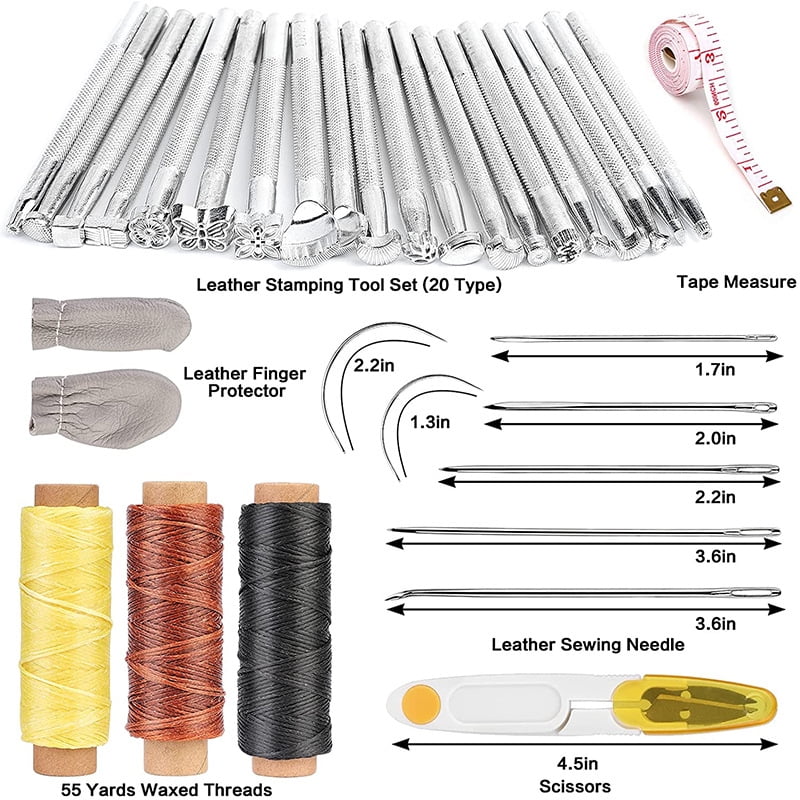 59PCS Leather Working Tools Set with Leather Tool Box Prong Punch Edge Beveler Wax Ropes Needles Perfect for Stitching Punching Cutting Sewing Leather Craft Making
