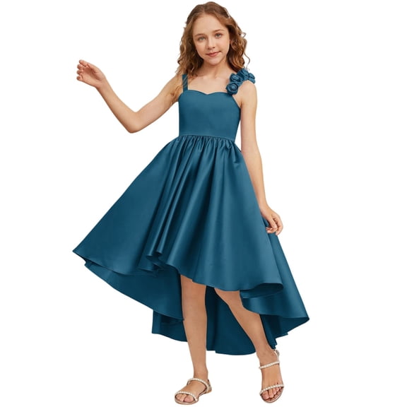 CPNG Girls' Satin Asymmetrical High-Low Dress – Sleeveless Sweetheart Neckline with 3D Rose Accents, Flowy Party Gown for Flower Girl, Wedding Guest & Birthday Celebrations