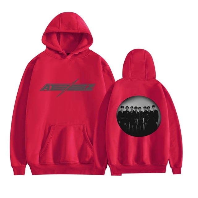 FOSSKOS ATEEZ Cadeau pour Groupe d'Idoles Masculines, Offrez du Confort aux Fans, Chandails à Capuchon Unisexes, 2TG, Rouge