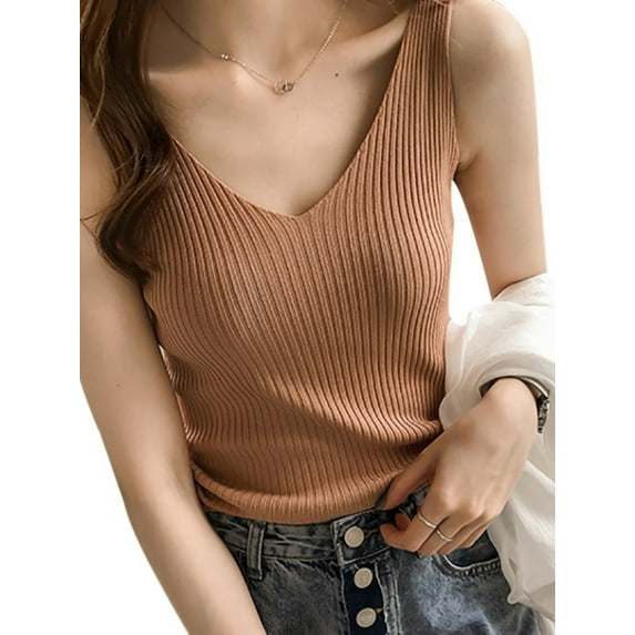 Ochine Women Knit Top V Neck Sleeveless Solid Color Slim Fit Ribbed Sweater Causal Fashion Vest Blouse Tank Top Lightweight Tee Shirts Under Shirt Summer Fall, One Size