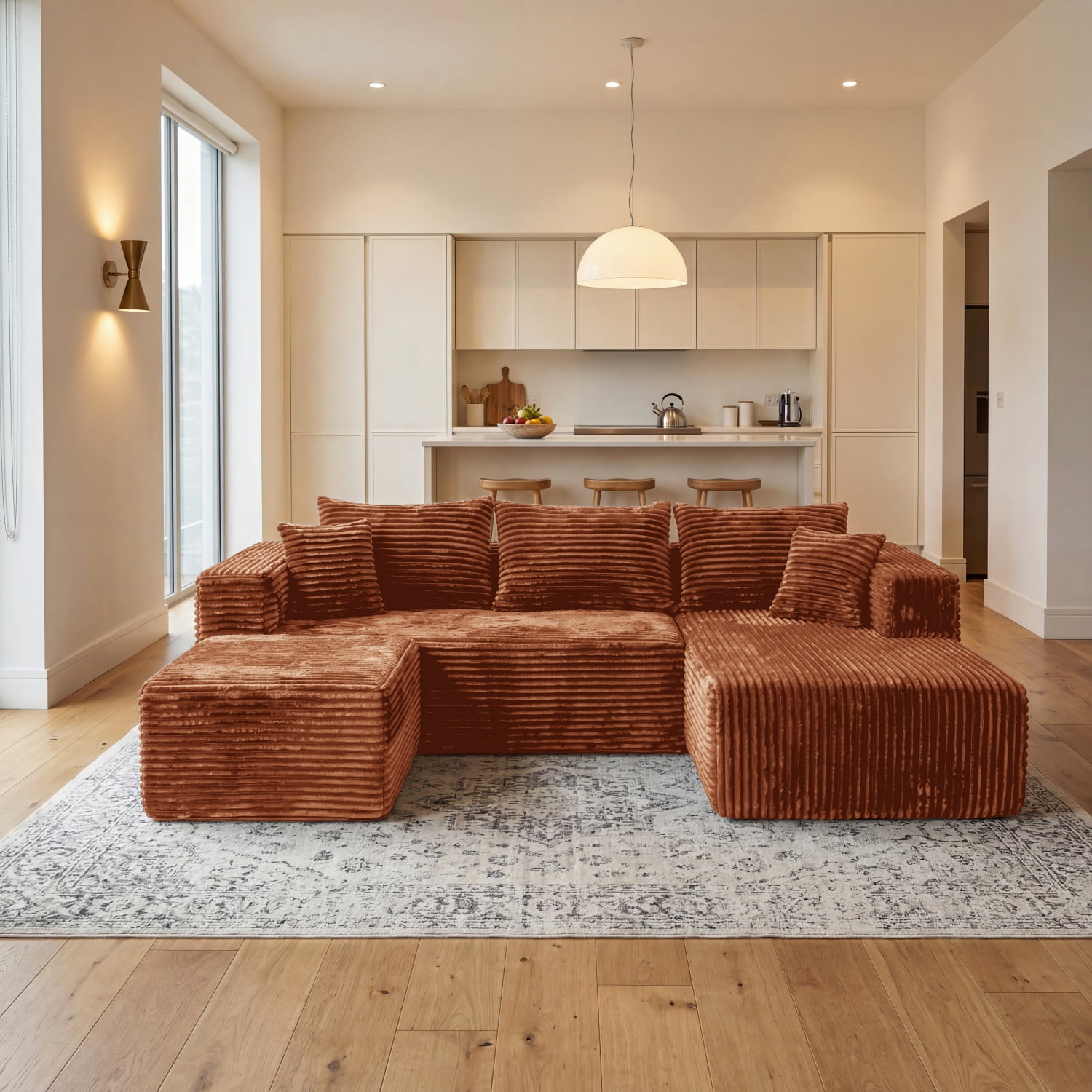 Anybox 92.5" Corduroy U-Shaped Sectional Sofa, Modular Boneless Couch with Right-Facing Chaise, Ottoman and Deep Seat, No Assembly, Brown