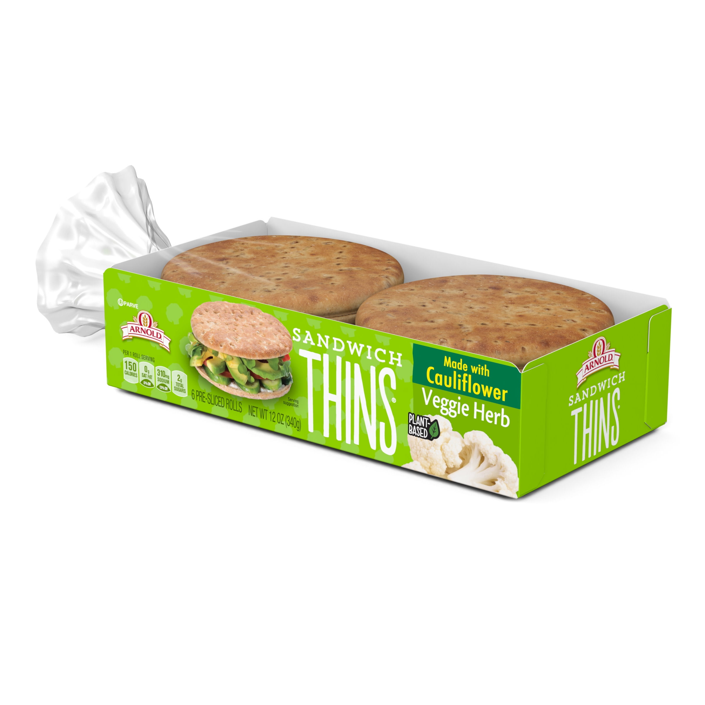 Arnold Vegetable Herb Cauliflower Sandwich Thins Rolls, No Artificial Flavors, Colors, or High Fructose Corn Syrup, 6 Count, 12 Ounce Package