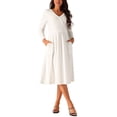 thumbnail image 2 of INSPIRE CHIC Women's Fall Faux Wrap V Neck Puff Long Sleeve Midi Swing Dress with Pockets White S, 2 of 4