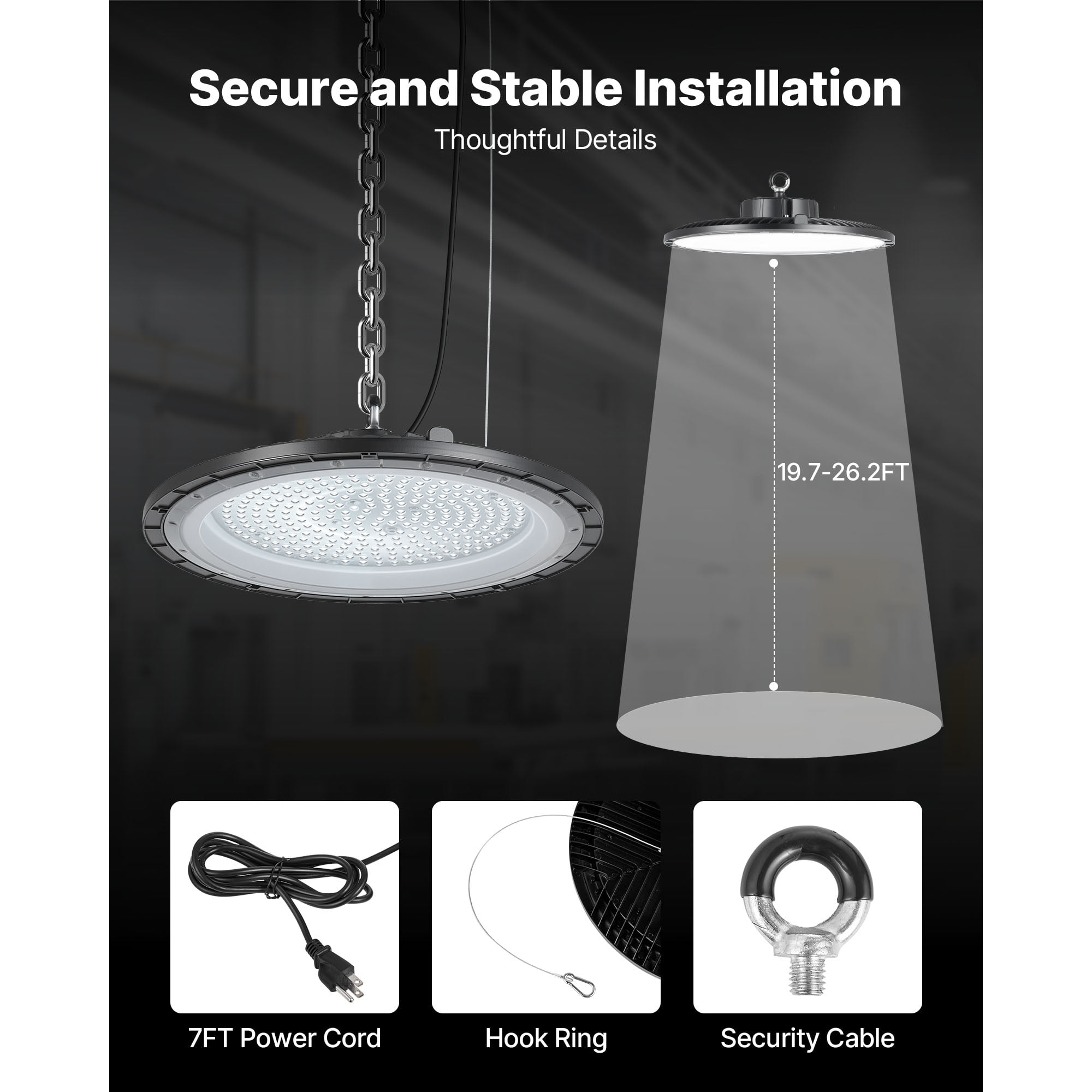 KFFKFF 6 Pack LED High Bay Lights, 150W 5000K 21000LM Bright UFO LED Lights, IP65 Waterproof, 100-277V for Workshops, Warehouses, Gyms, Garages, and Barns, Black