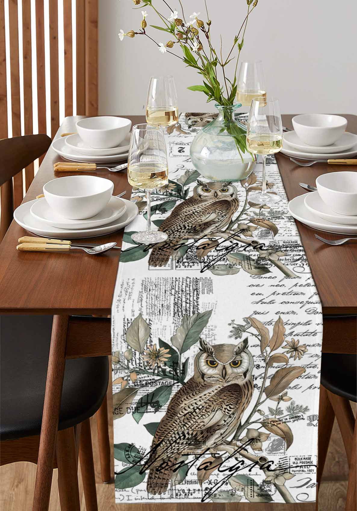 Ldtrchee Farmhouse Owl Table Runner 36 Inches, Country Envelope Postmark Botancial Bed Runner Dresser Scarves Tabletop for Indoor Outdoor Parties/Ceremony/Banquet, 13"x 36"