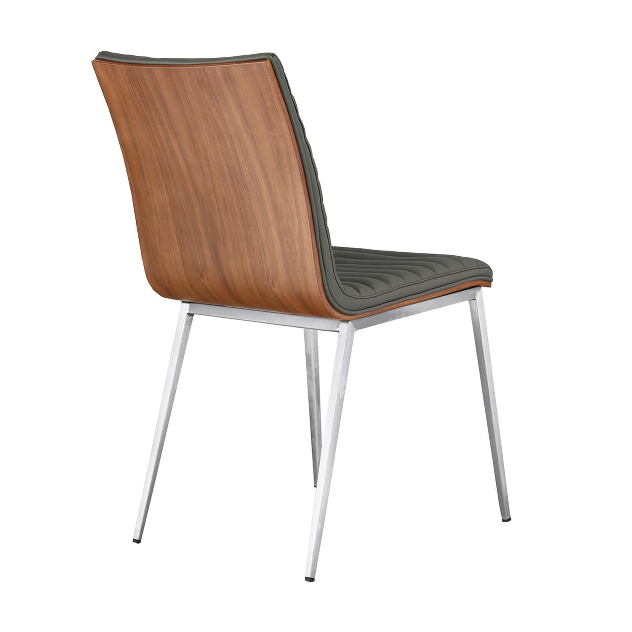 Café Brushed Stainless Steel Dining Chair in Gray Faux Leather with Walnut Back - Set of 6