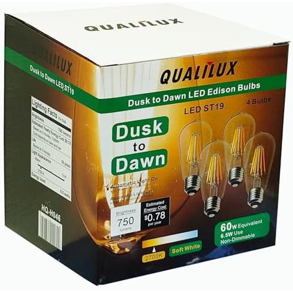 Dusk to Dawn Edison Light Bulbs ST58(ST19), Soft White 2700K, 6.5W=60W, Non-Dimmable Auto On/Off, Light Sensing LED Filament Bulb Outdoor for Porch Patio Garage Garden,750LM, E26, 4-Pack