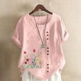 thumbnail image 2 of LEKWK Linen Blouses for Women Tulip Floral Print Crew Neck Oversized Tees Summer Blouses Garden Graphic Side Button Spring Garden Outfits, 2 of 5