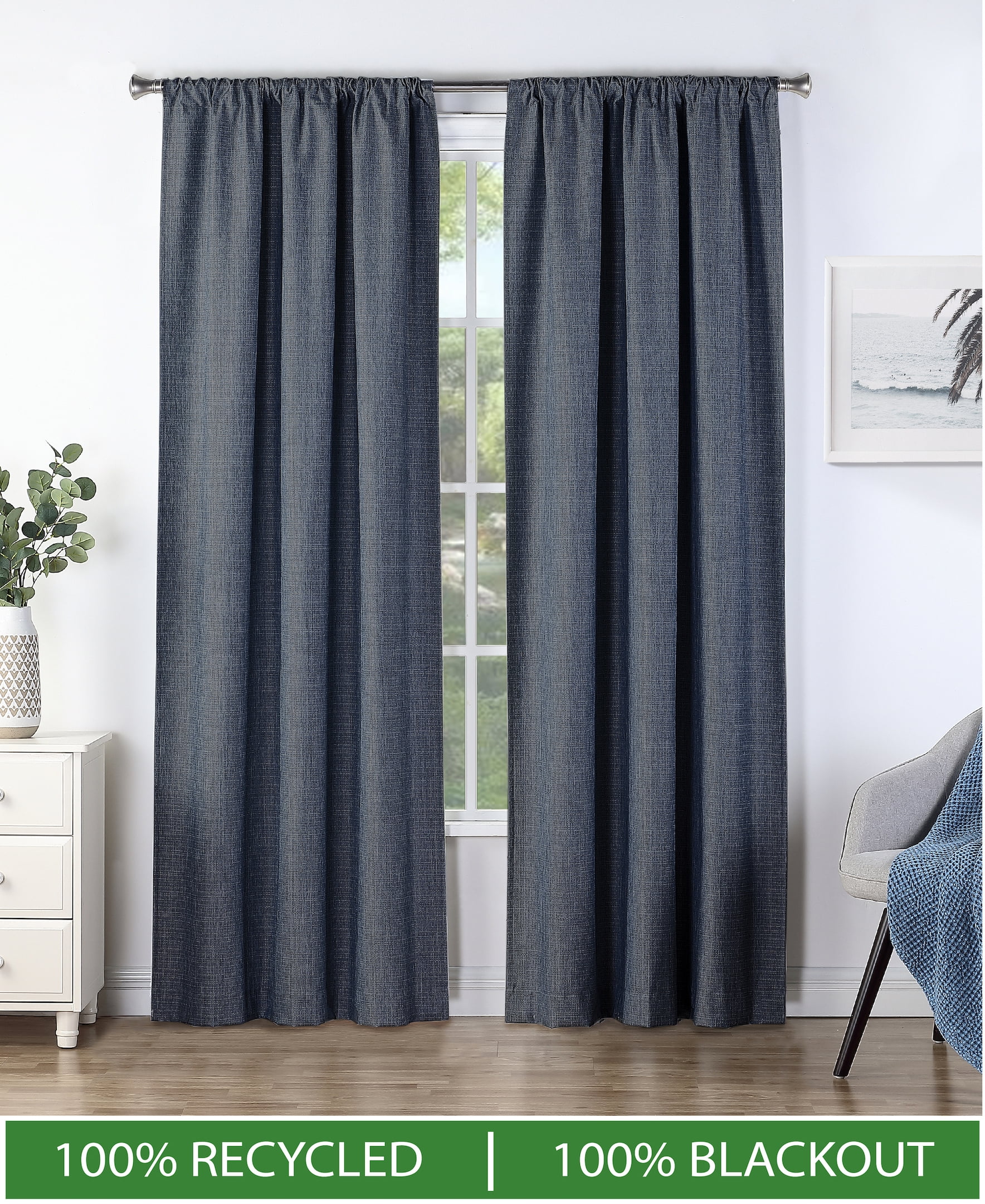 Ecologee Wakefield Textured Total Blackout Rod Pocket Curtain Panel Pair, Navy, 37" W x 84" L