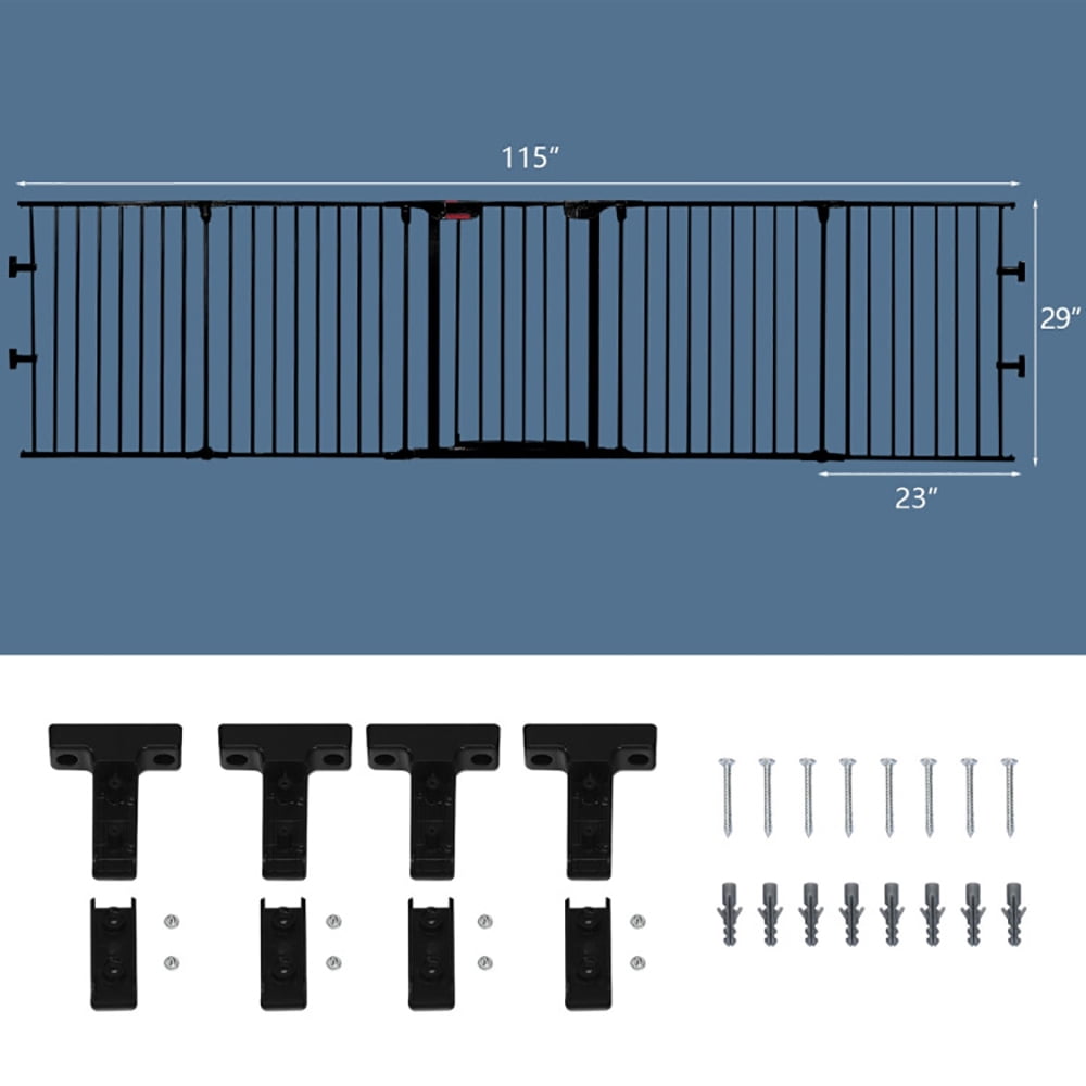 Kadyn Freestanding Pet Gate,Dog Fence Gates for Doorways, 115 Inch Length 5 Panel Adjustable Wide Fireplace Fence-Black