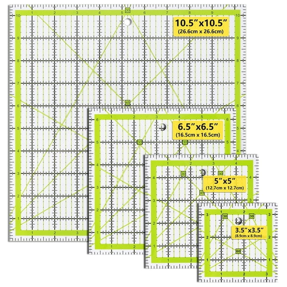 Quilting Rulers 4 Piece Square Acrylic Sewing Templates, 3.5"x3.5" 5"x5" 6.5"x6.5" 10.5"x10.5" 1/4" Grid Fabric Cutting Rulers for Quilting Sewing Patchwork
