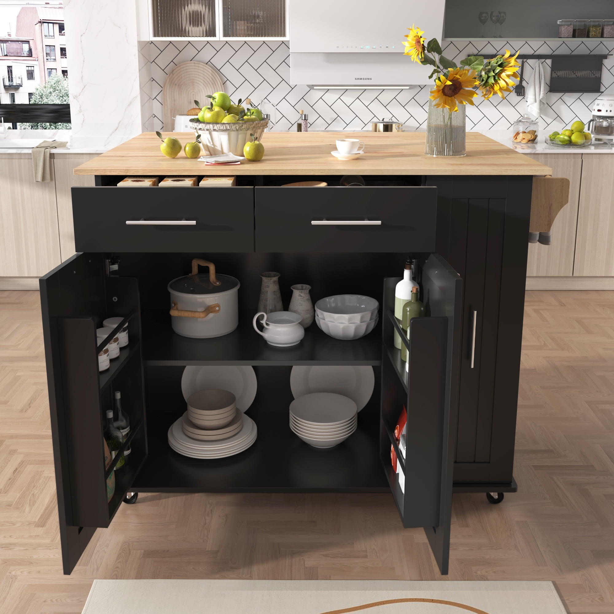 DEALTOPS 46" Kitchen Island with Drop Leaf, Kitchen Storage Cart with 3 Tier Pull Out Cabinet Organizer, Internal Storage Rack, Rolling Kitchen Cart on Wheels with Towel Rack for Kitchen-Black
