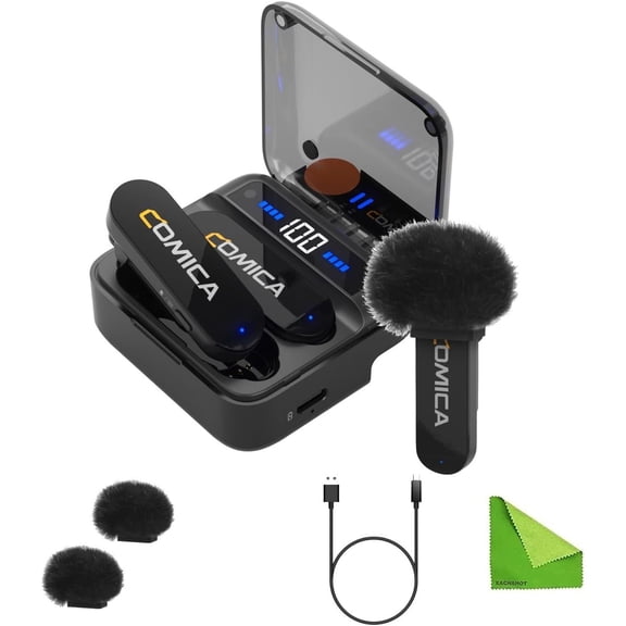 comica Vimo S-UC Black Wireless Lavalier Microphone System 2.4G Dual-Channel Recording Mic with Charging Case for Android & Video Recording,Interview and Vlogging,