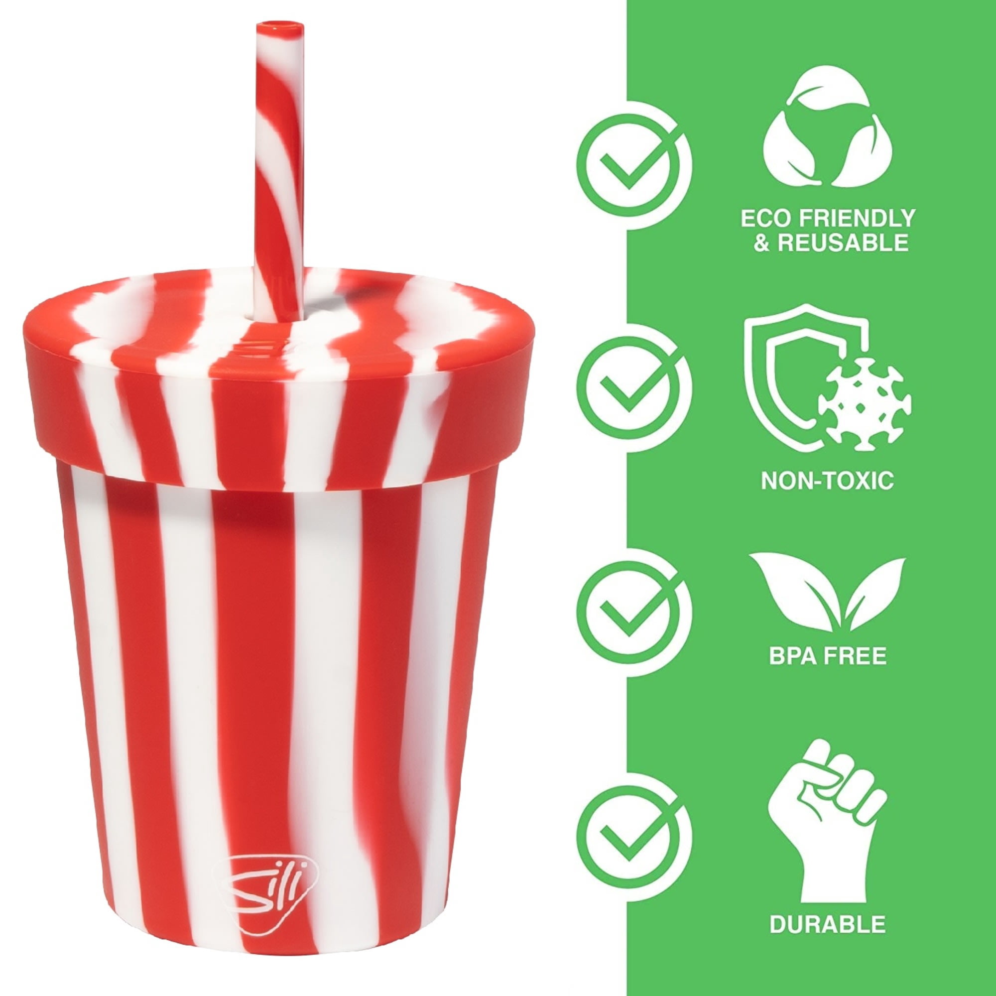 Silipint: Silicone Kids 8oz Straw Tumblers, 2 Pack, Peppermint & Poinsettia