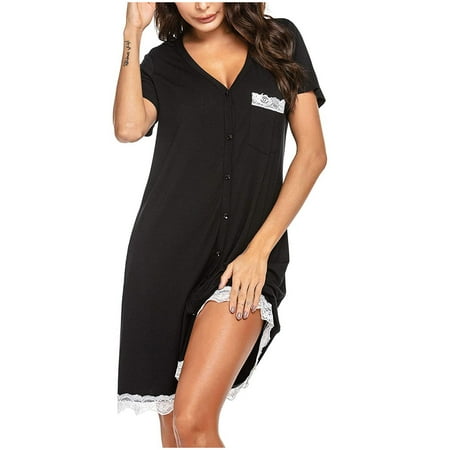 

Lyinloo Women Short Sleeve Solid V-Neck Lace Pocket Sexy Top Sleep Dress Nightdress Black S