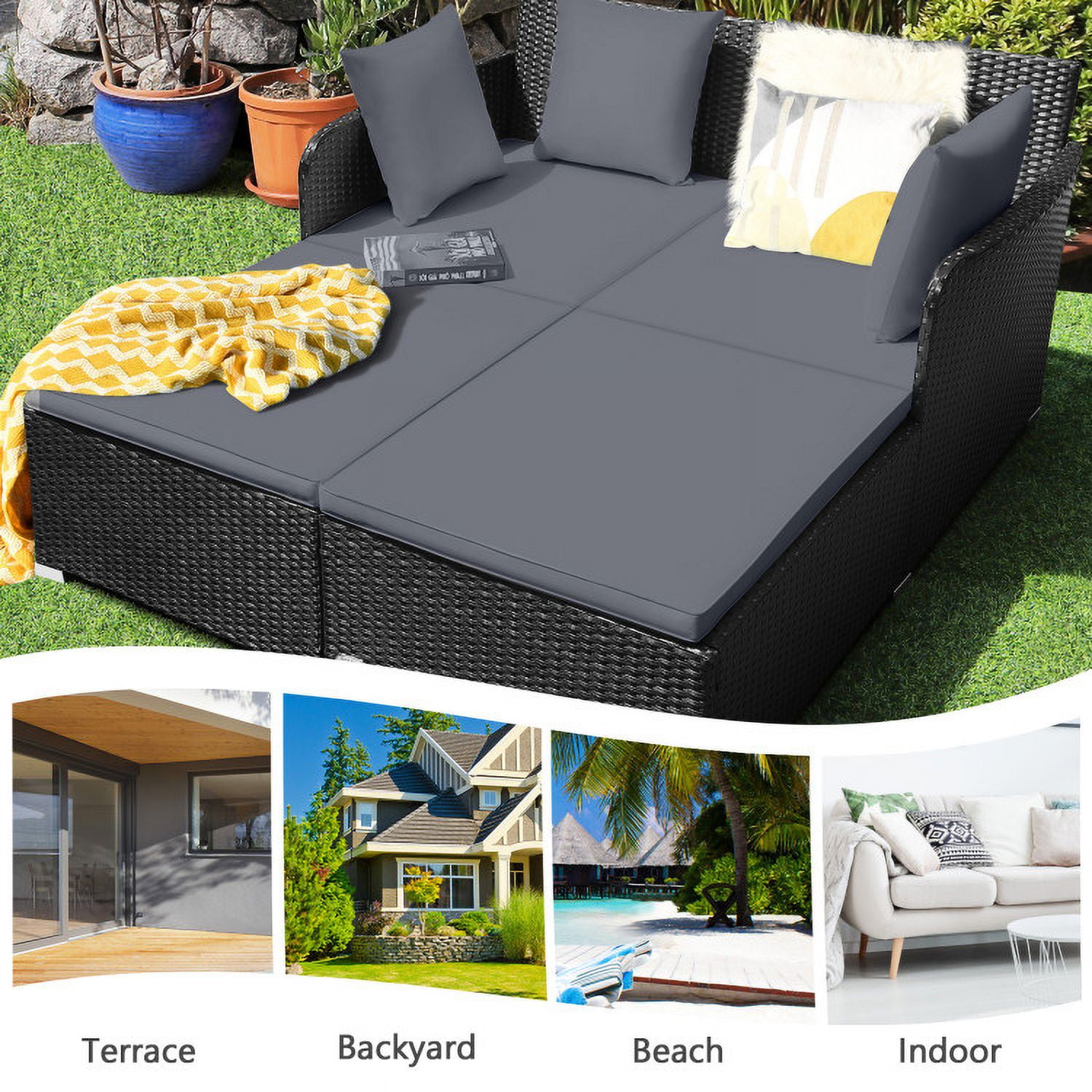 Aimee Lii Spacious Outdoor Rattan Daybed with Upholstered Cushions and Pillows, Outdoor Deck Furniture, Gray Aimee Lii Spacious Outdoor Rattan Daybed with Upholstered Cushions and Pillows, Outdoor Deck Furniture, Gray
