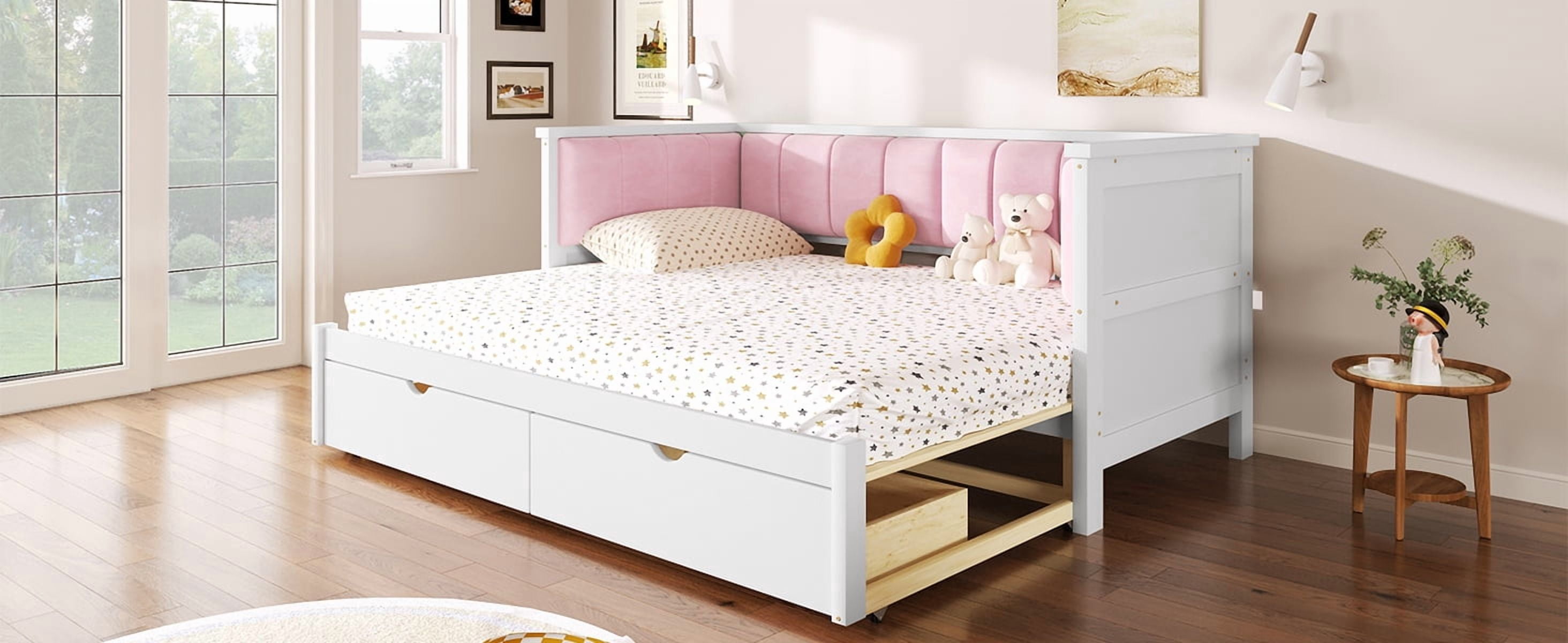 Mintazer Twin XL to King Daybed with Pink Upholstered Backrest & Storage Drawers, White