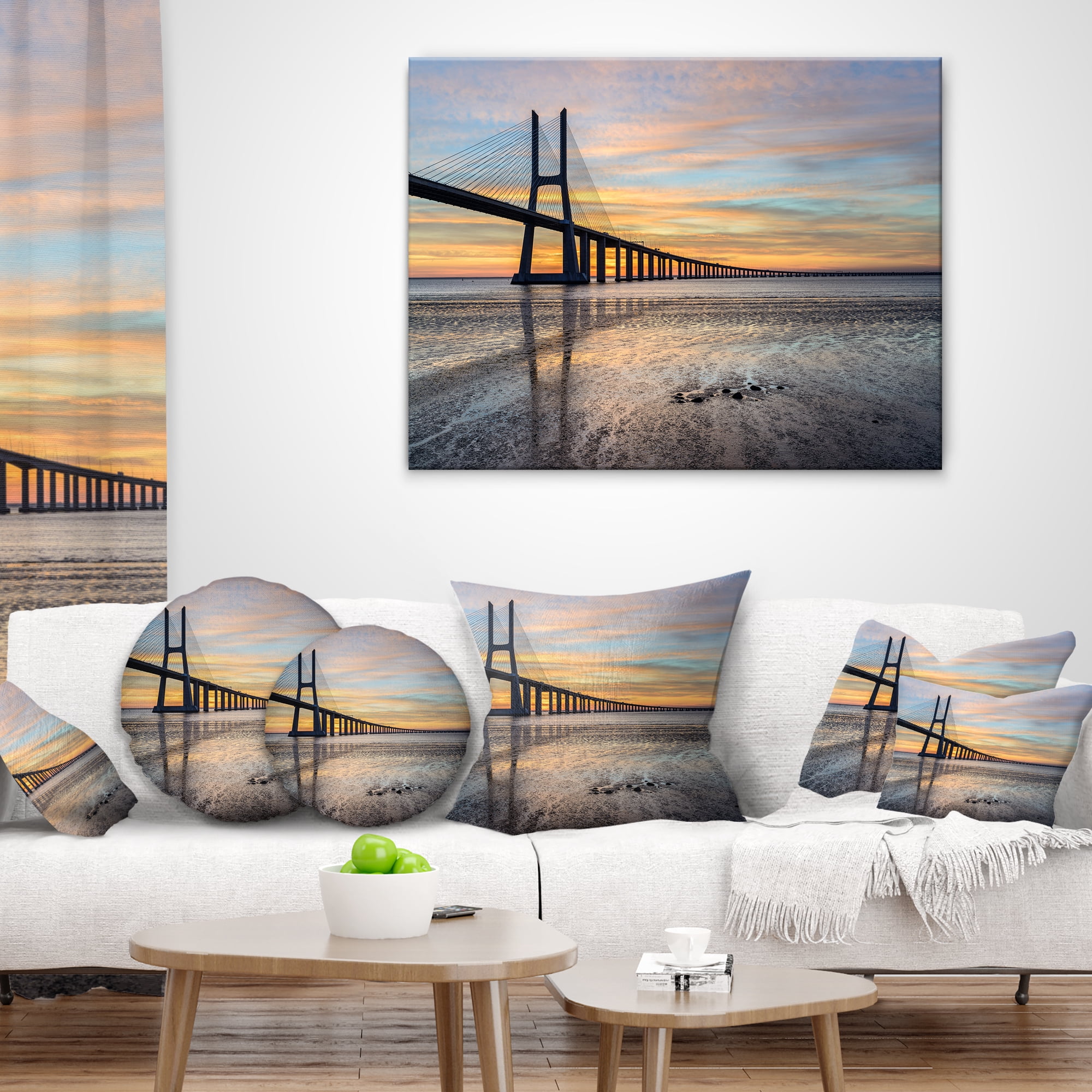 Designart Vasco de Gama Bridge Lisbon - Seascape Throw Pillow - 16x16