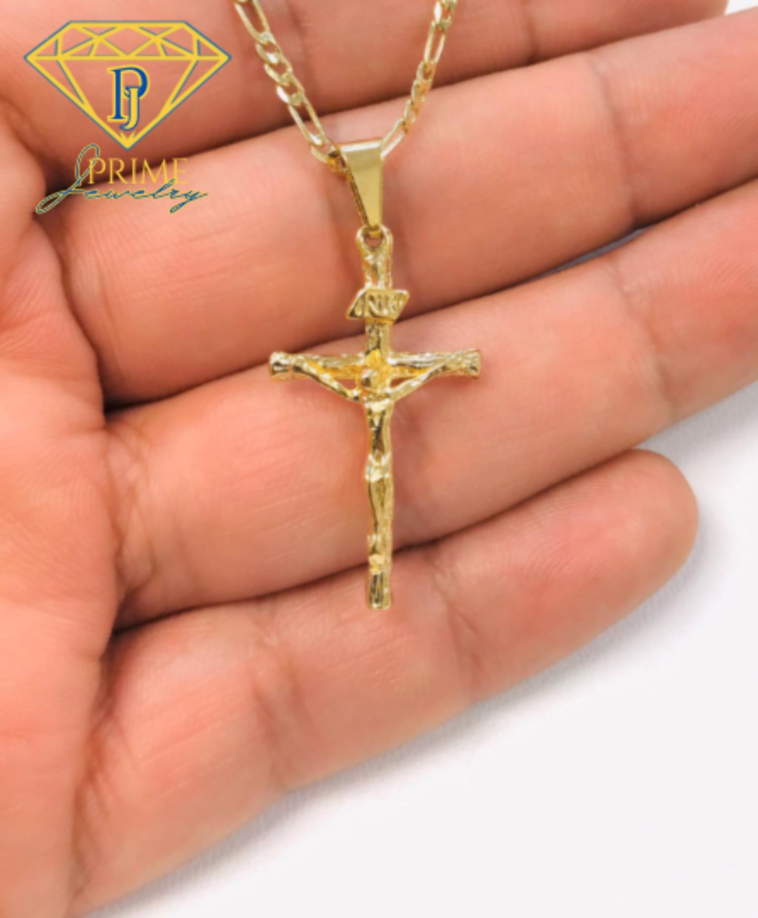 14K Gold Filled Pendant Cross 33x18mm Necklace 20” Figaro Link for Men Women - Prime Jewelry 269