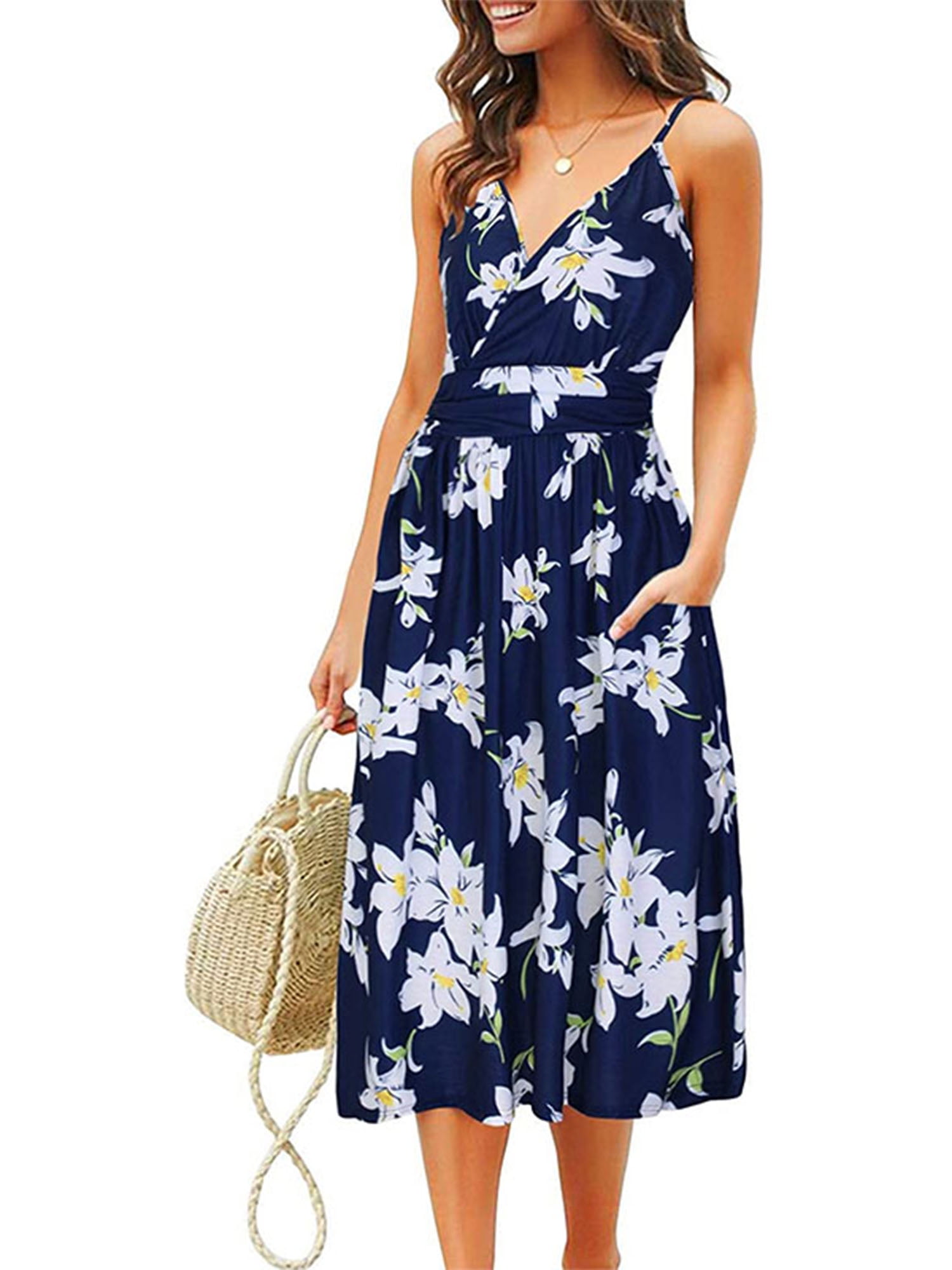 Women's Boho Summer Dresses Wrap VNeck Spaghetti Strap Midi Dress
