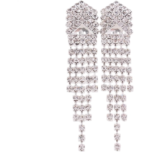Bridal Silver Plated Rhinestone Crystal Long Tassel Clip on earrings Non Piercing for Women (111)