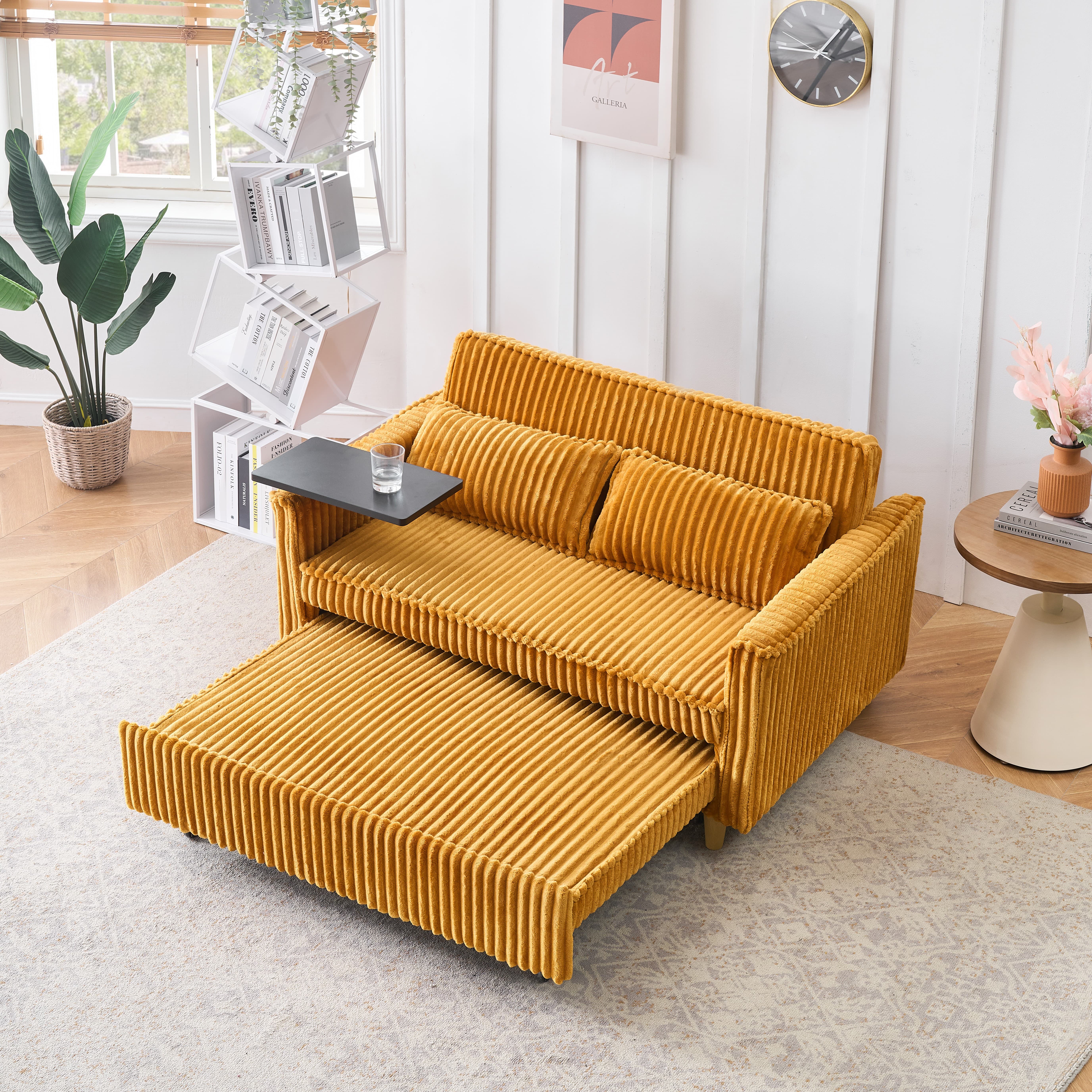 MAYEERTY 54" Pull Out Corduroy Sofa Bed with a Movable Tabletop and USB Ports, Loveseat Sleeper for Apartment, Living Room, Small Space, Yellow